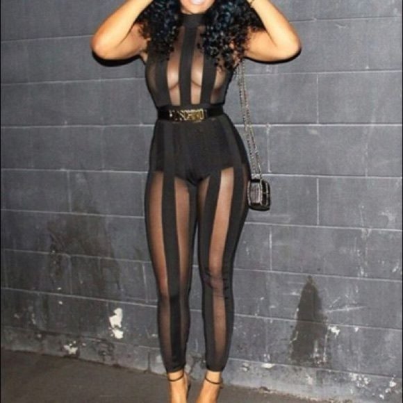 Mesh Bandage Striped Night Out Party Jumpsuit 2pc In Black Size Medium NWOT - Picture 3 of 13